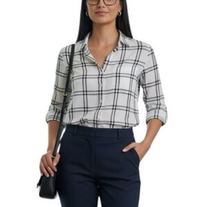Fortune + Ivy Small White Black Plaid Windowpane Button Front Blouse Roll Tab
